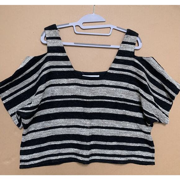 MORGAN CARPER Anthropologie Boucle Knit Stripe Open Cold Shoulder Top - Picture 12 of 12